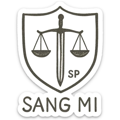 A minimalist emblem for a covert investigative unit named SANG MI. The design should feature a shield with a subtle sword and scales of justice, using a secretive aesthetic with muted colors and a discreet 'SP' insignia. The style should be clean and modern, emphasizing the covert nature of the unit. sticker