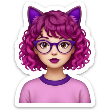 Woman wearing makeup with red and dark purple split dye curly hair and straight bangs wearing cat eye glasses and a pink sweater sticker