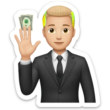 The businessman extends his hand to the side and give money sticker