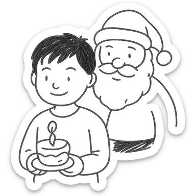 An Asian boy holding a small cake with a candle, Santa Claus in the background sticker