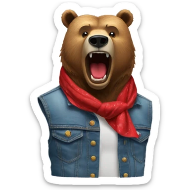 grizzly bear wearing sleeveless jean jacket and red bandana with open mouth sticker