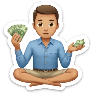 1 man is kneeling, holding a wad of money and asking for something sticker