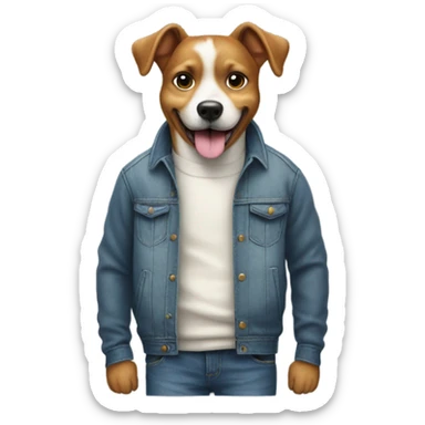 dog wearing jumper and jeans with hands in pockets standing while grinning like a human sticker