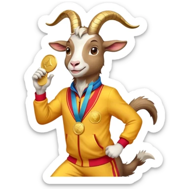 friendly anthropomorphised goat jogging upright in a colourful suit, holding up a medal, relaxed pose sticker