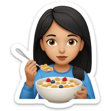 Brown girl eating cereal emoji. Straight hair. Brown eyes. Pakistani sticker