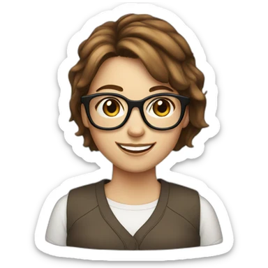 White girl with short brown hair and glasses smilling sticker