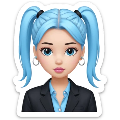 generate a pretty bratz girl wearing a light blue full sleeve shirt, silver small hoops, pink lipgloss, black blazer, hair tied up in a ponytail (black hair) sticker