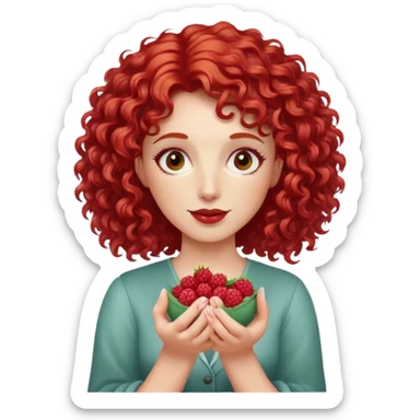 red-haired curly-haired woman holding raspberries in her hands sticker