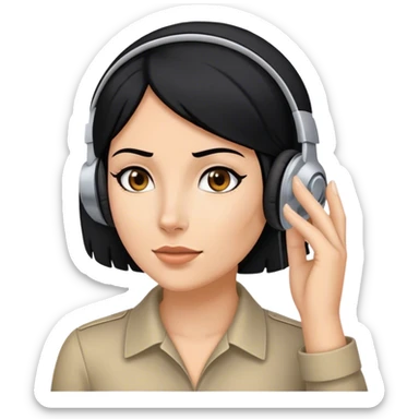 white Woman  with black hair with headset and her hand in her left ear like trying ti hear better like a spy  sticker
