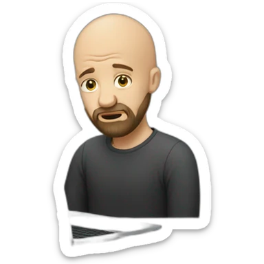 Crying Bald man with beard next to laptop sticker