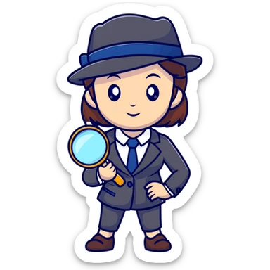girl in a business suit, wearing a detective hat, holding a magnifying glass, in an investigating pose sticker