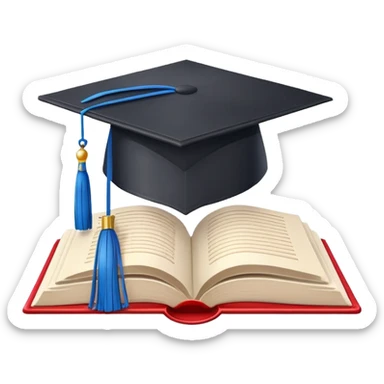 Apple emoji style graduation cap with a blue tassel, floating above an open book, clean background, cheerful sticker