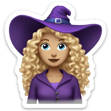 blonde curly hair blue eyes woman with purple witch hat  sticker