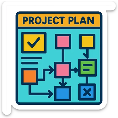 vibrant cartoon style project plan with sticky notes and arrows sticker