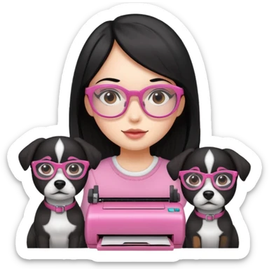Una chica con pelo negro y lentes rosados, con una impresora negra y dos perras, la primera de color marron y la otra negra sticker