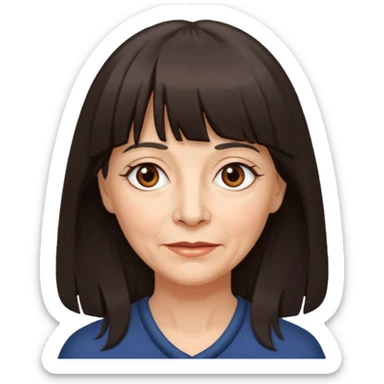 60 yr old woman, small brown eyes, long dark hair, bangs,  sticker