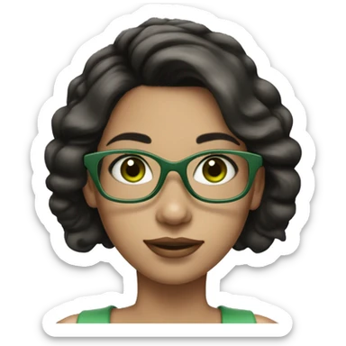 Girl with fair skin, short straight dark hair, big green square eyeglasses, pearl earrings sticker