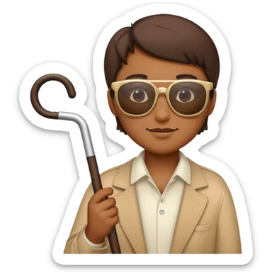 A blind person wearing sunglasses and holding a guide cane sticker