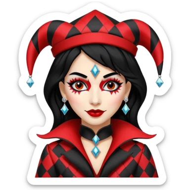 Jester woman, black and red suit, black hair, white and black make up sticker