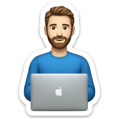 man with brown hair, blue eyes, a fine beard, wearing a f1-shirt working with a macbook sticker