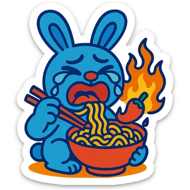 blue bunny crying while eating spicy ramen, vibrant-toon style sticker