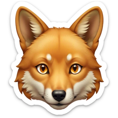 Cinematic Noble Dingo Portrait Emoji, Poised and regal, with a lean, agile build and a short, sandy-tawny fur that speaks of the wild outback, deep-set soulful amber eyes and alert ears, Simplified yet sharp and sophisticated features, highly detailed, glowing with a soft, dignified glow, high shine, intelligent and resourceful, stylized with an air of untamed elegance, focused and attentive, soft glowing outline, capturing the essence of a watchful and confident wild canine, so majestic it feels as though it could trot out of the screen with effortless authority! sticker