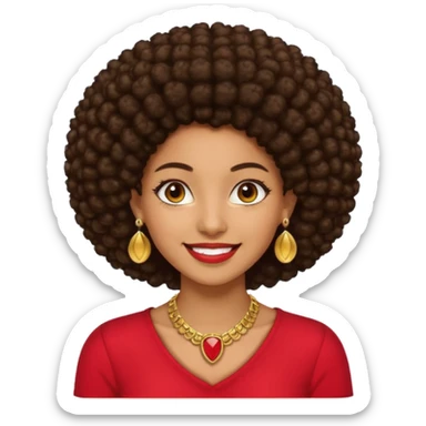 Brownskin girl dark brown hair afro brown eyes smiling red shirt gold esrrings gold necklace sticker