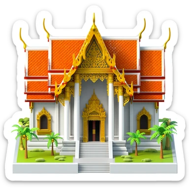 A miniature shopping mall with ornate Thai architecture, featuring distinctive multi-tiered peaked orange roofs, white stone walls, and gold filigree trim. Flanked by small tropical palm trees with a grand, wide-stepped entrance. sticker