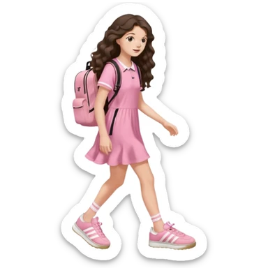 aestethic brunette very,very,very long wavy hair walking with a school backpack (no brand) with a cute pink dress, adidas samba shoes sticker