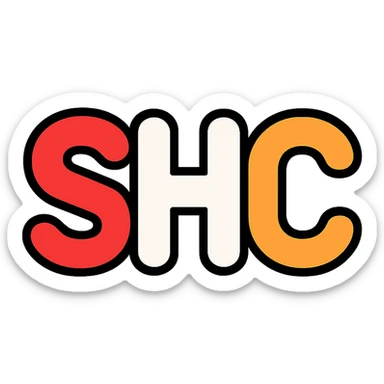 rounded playful style letters SHC with S in red, H in white, C in orange sticker