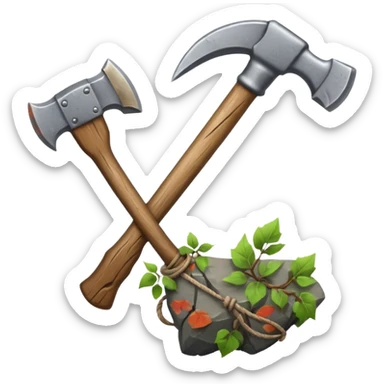 A sharp stone axe with wooden handle tied by vines.





 sticker