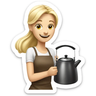 Happy blonde girl with a kettle making tea sticker