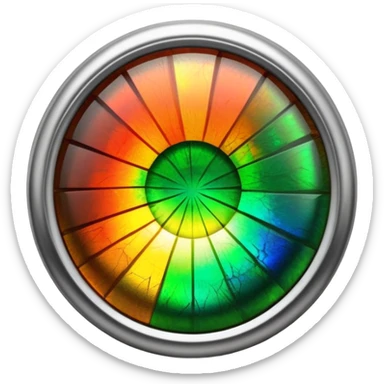 extra close-up round cut ammolite gemstone with holographic shine, silver metal accent, elegant and vibrant sticker