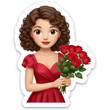 beautiful female memoji, brunette with soft curls, holding a bouquet of roses, wearing a silk dress, gentle smile, romantic vibe sticker