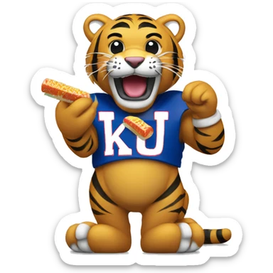Mizzou tiger chewing on a KU chew toy sticker