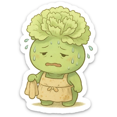 light green carnation flower with a messy apron and exhausted face, sweat dripping, holding a cleaning rag, super round chibi style, soft ghibli style sticker