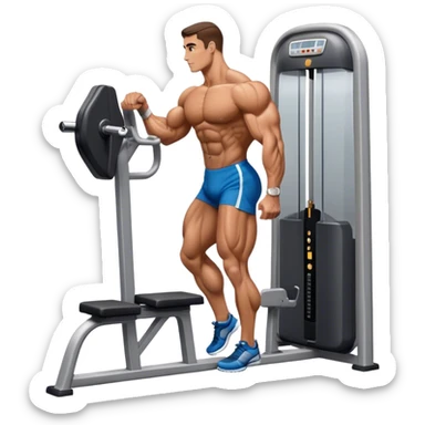 side-view bodybuilder using gym calf-raise machine sticker