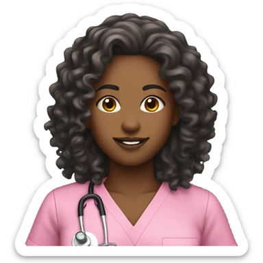 Black nurse pink scrubs long curly hair sticker