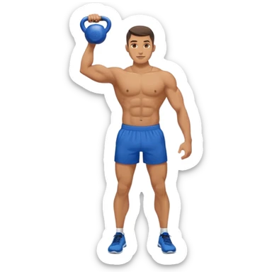 athletic man with blue shorts holding kettlebell sticker