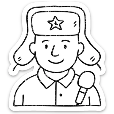 Russian army military blogger wearing an ushanka hat sticker