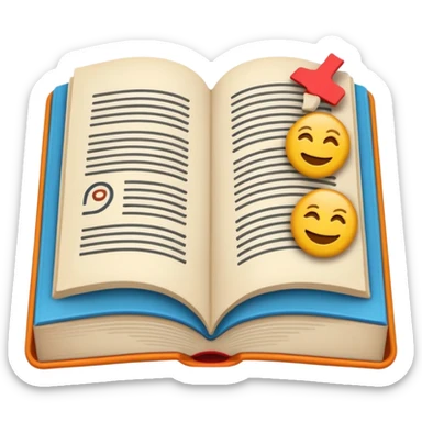 A minimalist emoji-style icon representing wordplay — symbolizing creativity with language. It features an open book or speech bubble merging with playful letters or word fragments, forming a clever visual pun. sticker