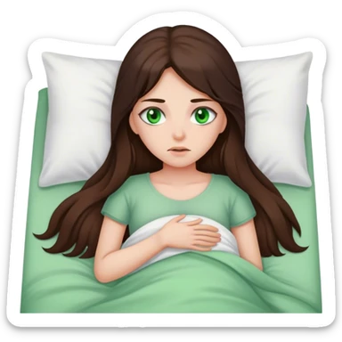 Brunette long hair girl with green eyes sick in bed sticker