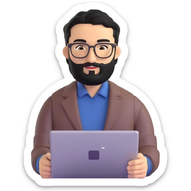 neat well-groomed man with medium black beard, tidy black hair, connected unibrow, olive tan skin, brown eyes, stylish glasses, prominent nose, wearing crisp clean casual business attire, professionally holding a laptop sticker