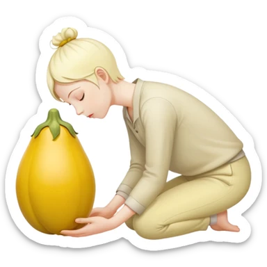 yellow eggplant connected to pregnant person, bowing person facing sideways sticker