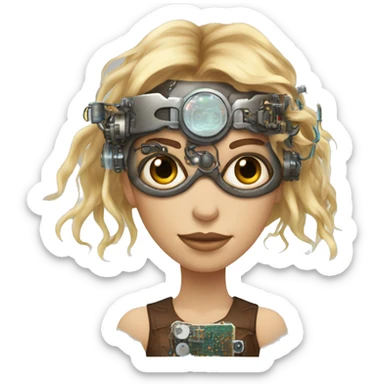 Brown long hair with blonde steaks female cyborg head, fair skin, steampunk goggles and circuits sticker