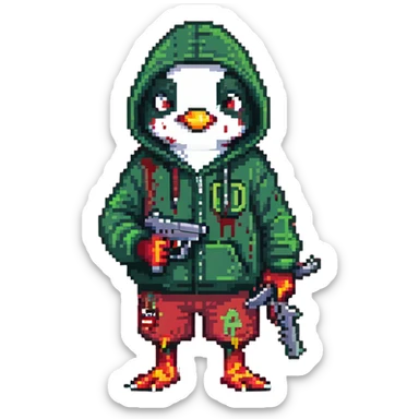A cute half-dolphin half-penguin thug with a gun, green hoodie with blood stains, wearing Dollar General shorts sticker