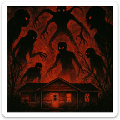 Stranger Things series horror poster style, the Byers house surrounded by shadowy monsters, ominous and creepy mood sticker