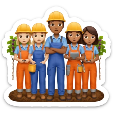 Make a photo of 5 project managers, specificly 3 girls and 2 boys, that are making project for improvment of the vineyard sticker