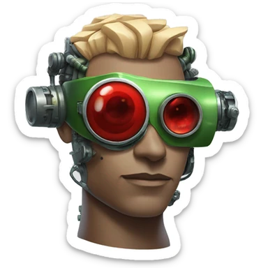 Male cyborg with thin red Mohawk and green steampunk goggles sticker