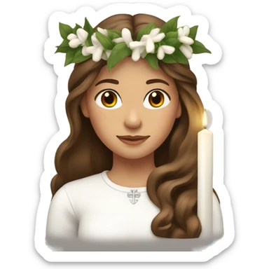 brown long haired women with white round neck shirt and spur wreath the head white candle on top of the wreath sticker